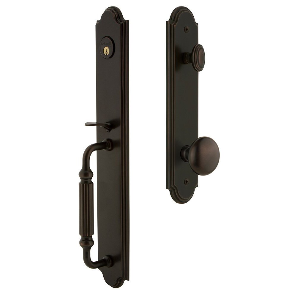 Arc One-Piece Handleset with F Grip and Fifth Avenue Knob in Timeless Bronze