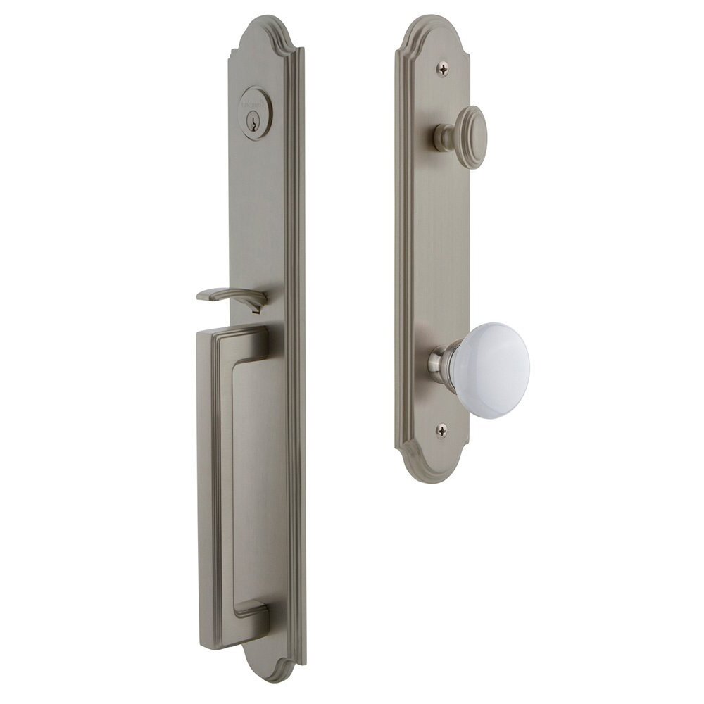 Arc One-Piece Handleset with D Grip and Hyde Park Knob in Satin Nickel