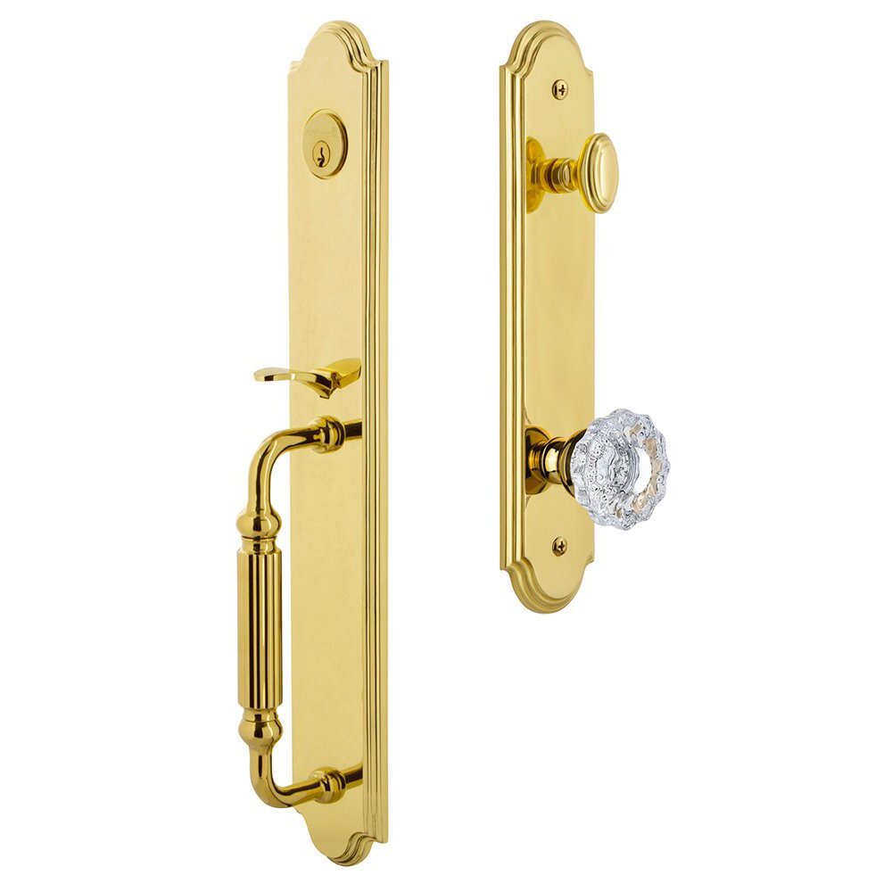 Arc One-Piece Handleset with F Grip and Versailles Knob in Lifetime Brass