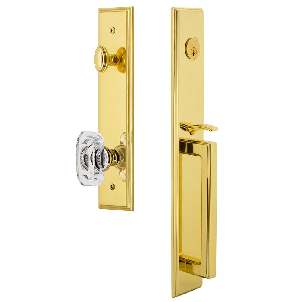 One-Piece Handleset with D Grip and Baguette Clear Crystal Knob in Lifetime Brass