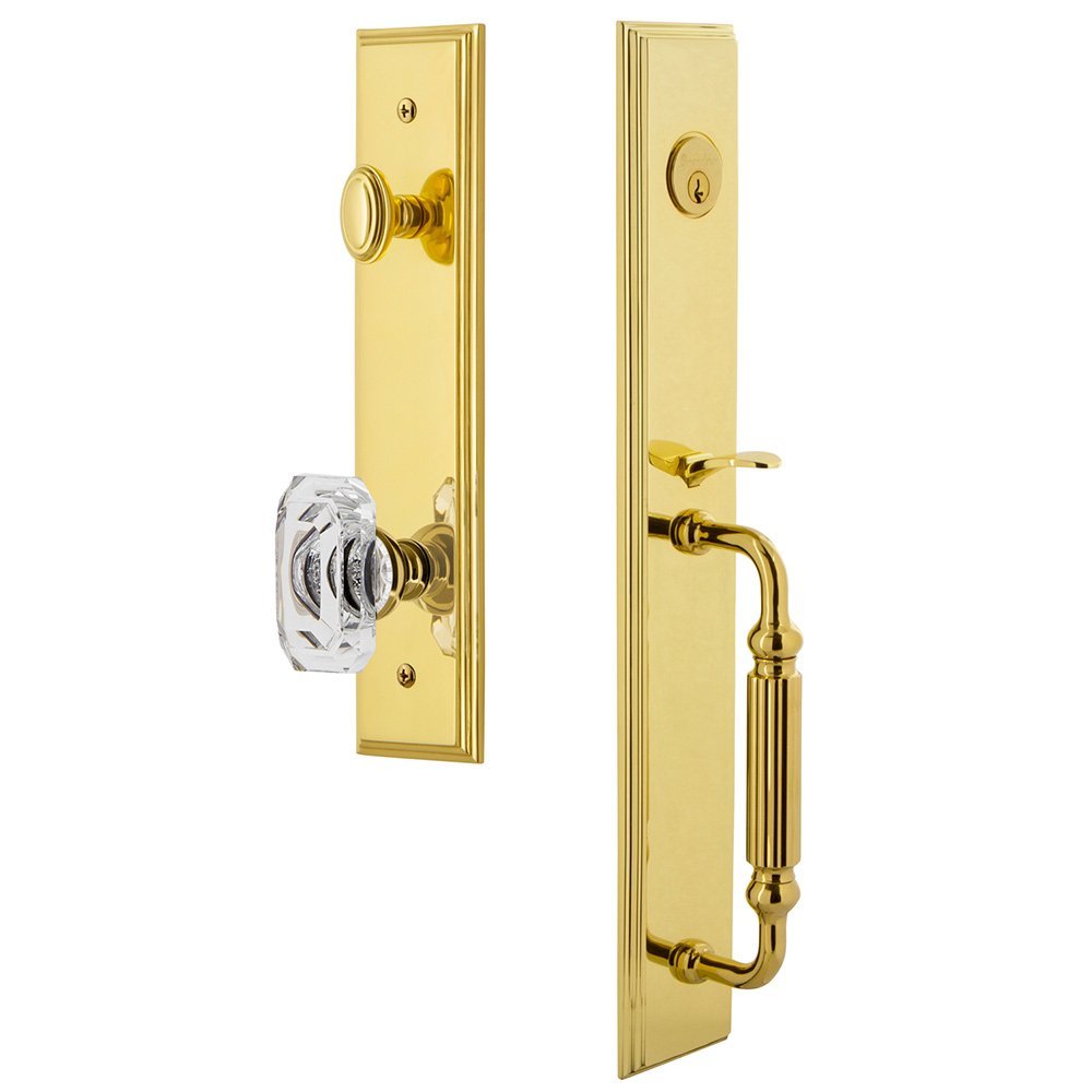 One-Piece Handleset with F Grip and Baguette Clear Crystal Knob in Lifetime Brass