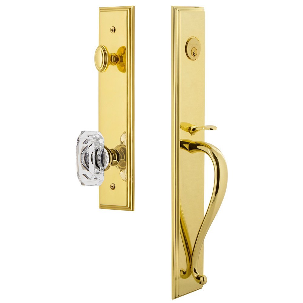 One-Piece Handleset with S Grip and Baguette Clear Crystal Knob in Lifetime Brass