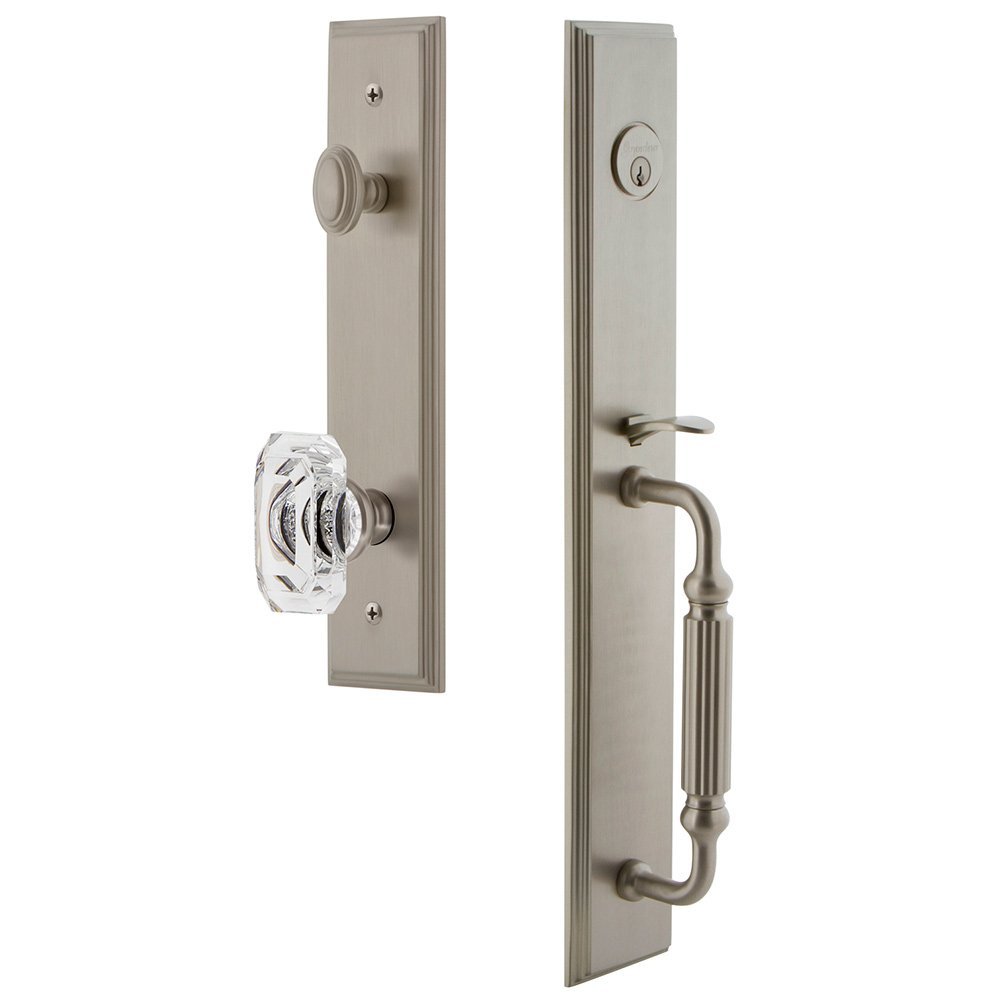 One-Piece Handleset with F Grip and Baguette Clear Crystal Knob in Satin Nickel