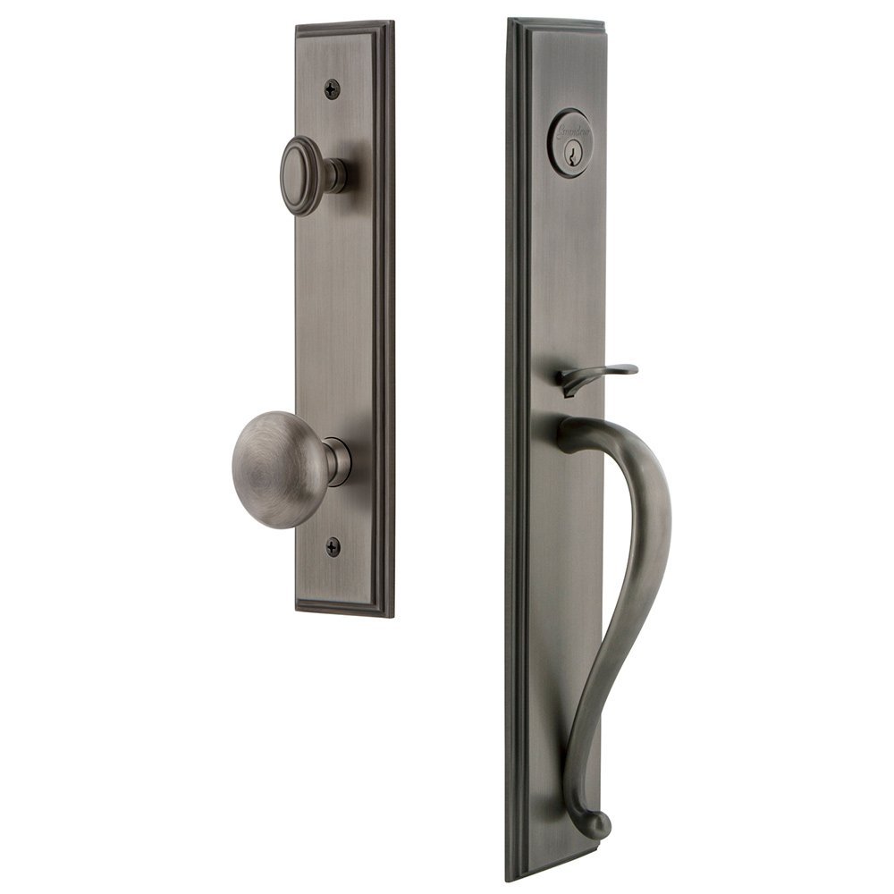One-Piece Handleset with S Grip and Fifth Avenue Knob in Antique Pewter