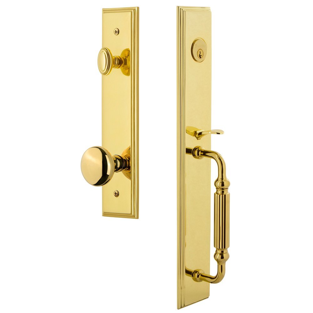 One-Piece Handleset with F Grip and Fifth Avenue Knob in Lifetime Brass