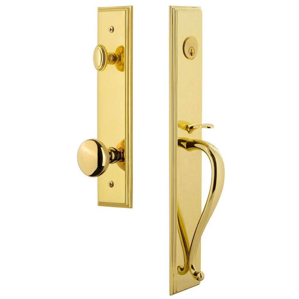 One-Piece Handleset with S Grip and Fifth Avenue Knob in Lifetime Brass