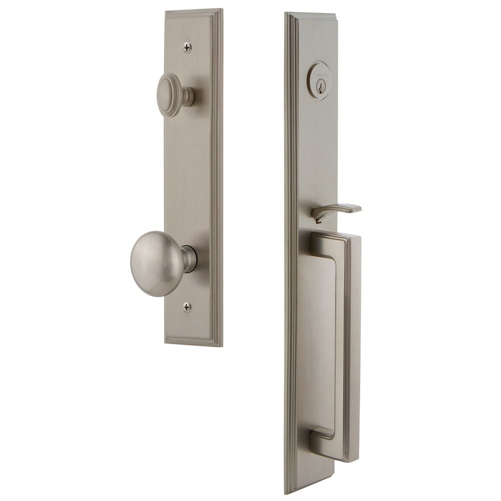One-Piece Handleset with D Grip and Fifth Avenue Knob in Satin Nickel