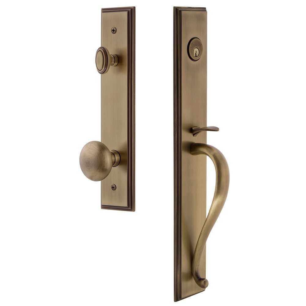One-Piece Handleset with S Grip and Fifth Avenue Knob in Vintage Brass