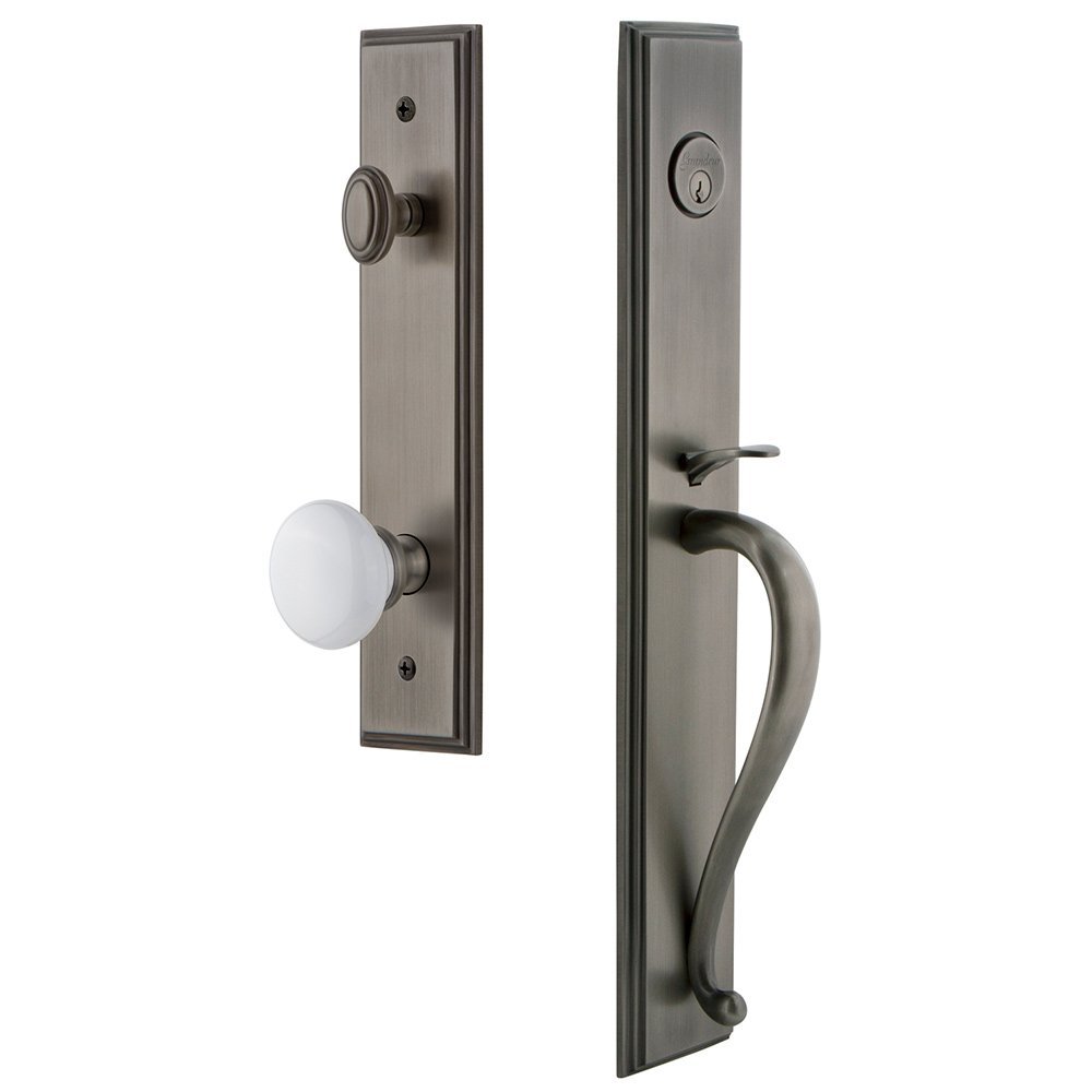 One-Piece Handleset with S Grip and Hyde Park Knob in Antique Pewter