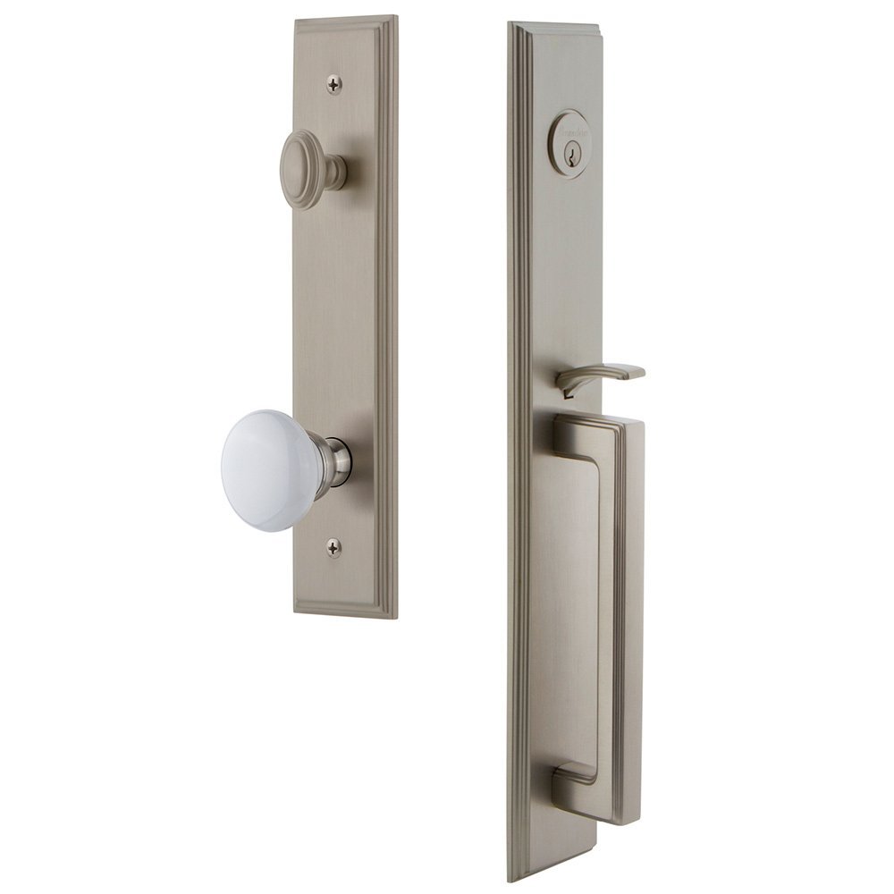 One-Piece Handleset with D Grip and Hyde Park Knob in Satin Nickel