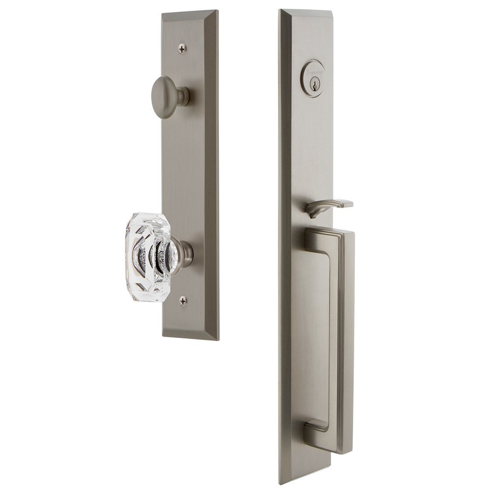 One-Piece Handleset with D Grip and Baguette Clear Crystal Knob in Satin Nickel