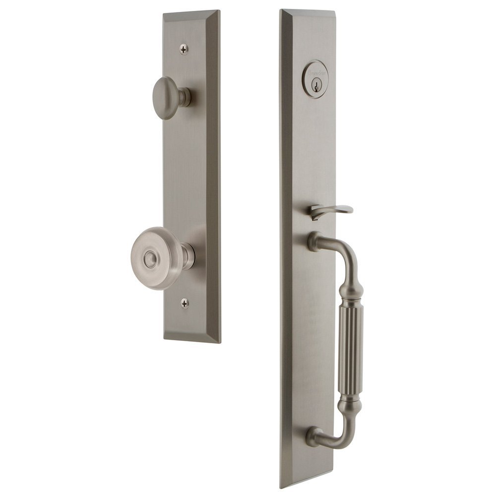 One-Piece Handleset with F Grip and Bouton Knob in Satin Nickel