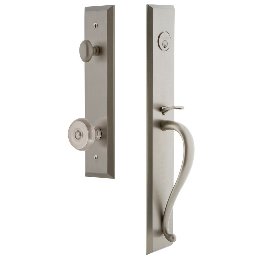 One-Piece Handleset with S Grip and Bouton Knob in Satin Nickel