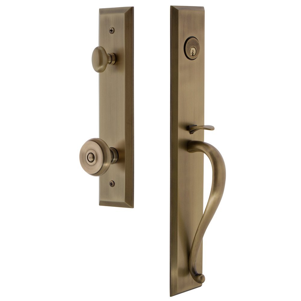 One-Piece Handleset with S Grip and Bouton Knob in Vintage Brass