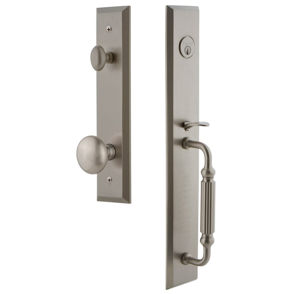 One-Piece Handleset with F Grip and Knob in Satin Nickel