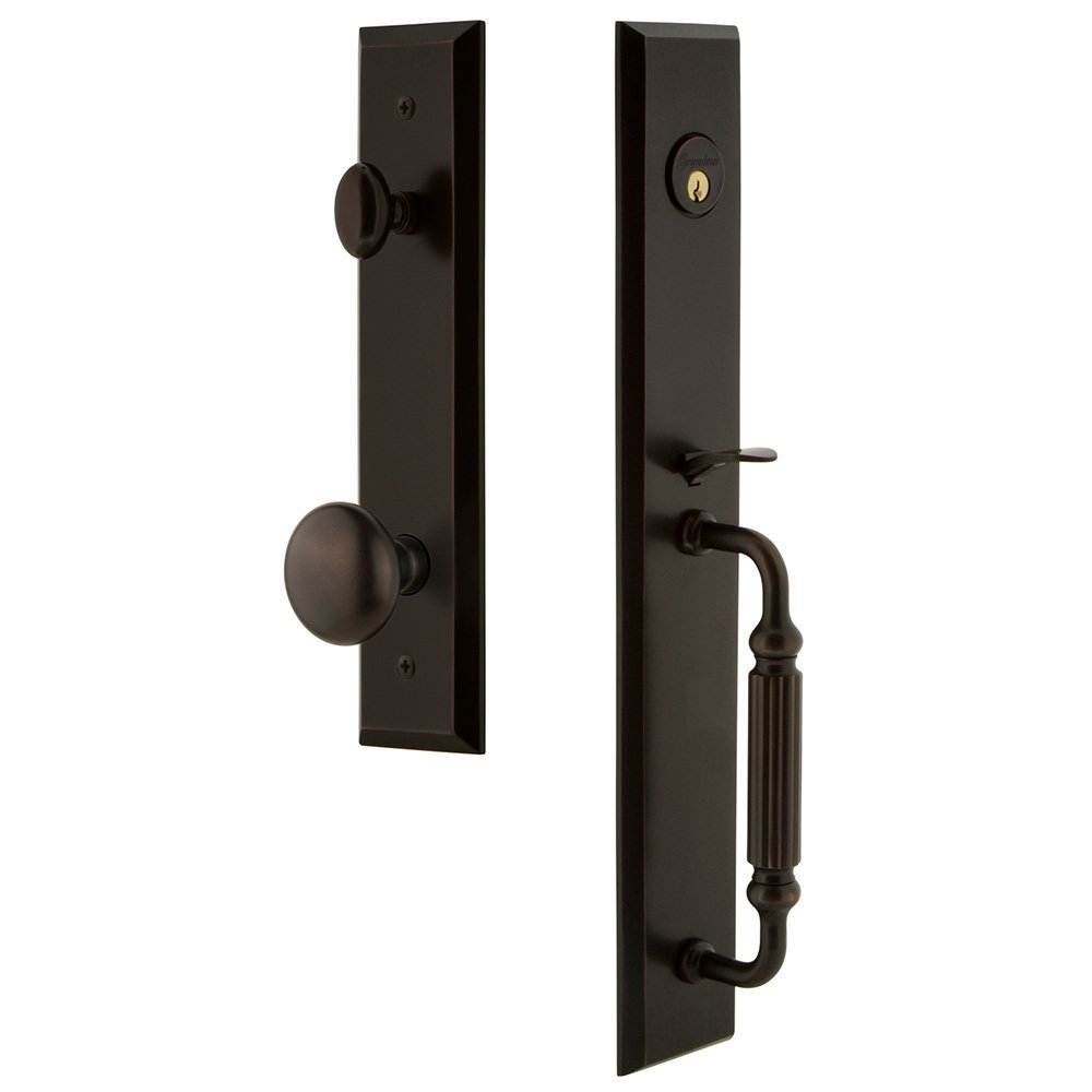 One-Piece Handleset with F Grip and Knob in Timeless Bronze