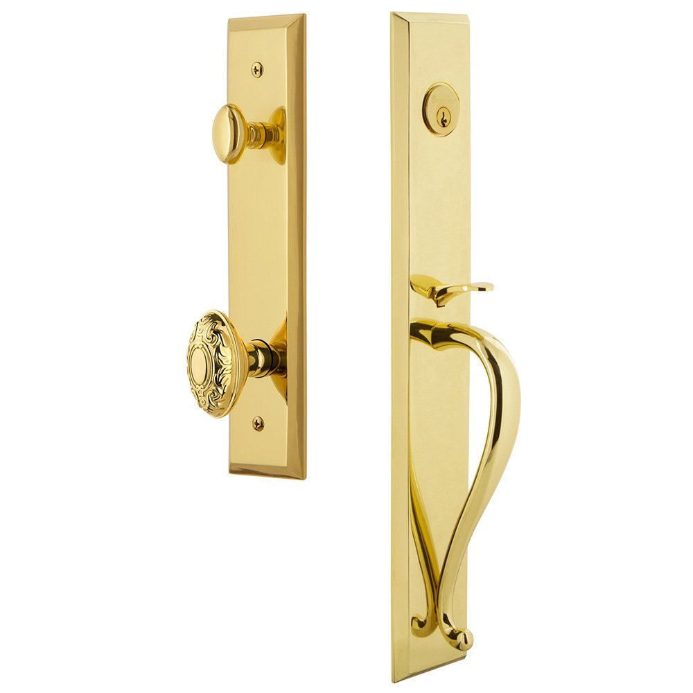 One-Piece Handleset with S Grip and Grande Victorian Knob in Lifetime Brass
