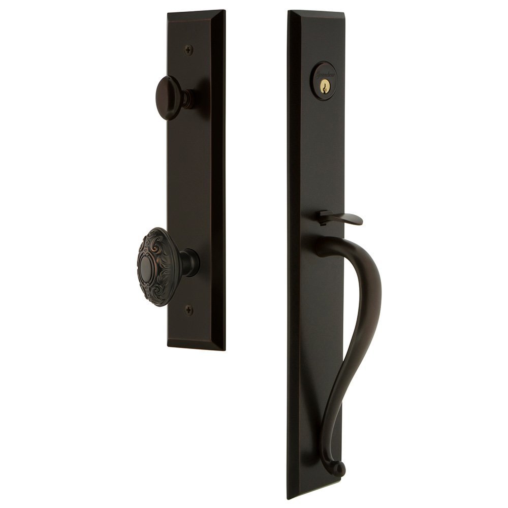 One-Piece Handleset with S Grip and Grande Victorian Knob in Timeless Bronze