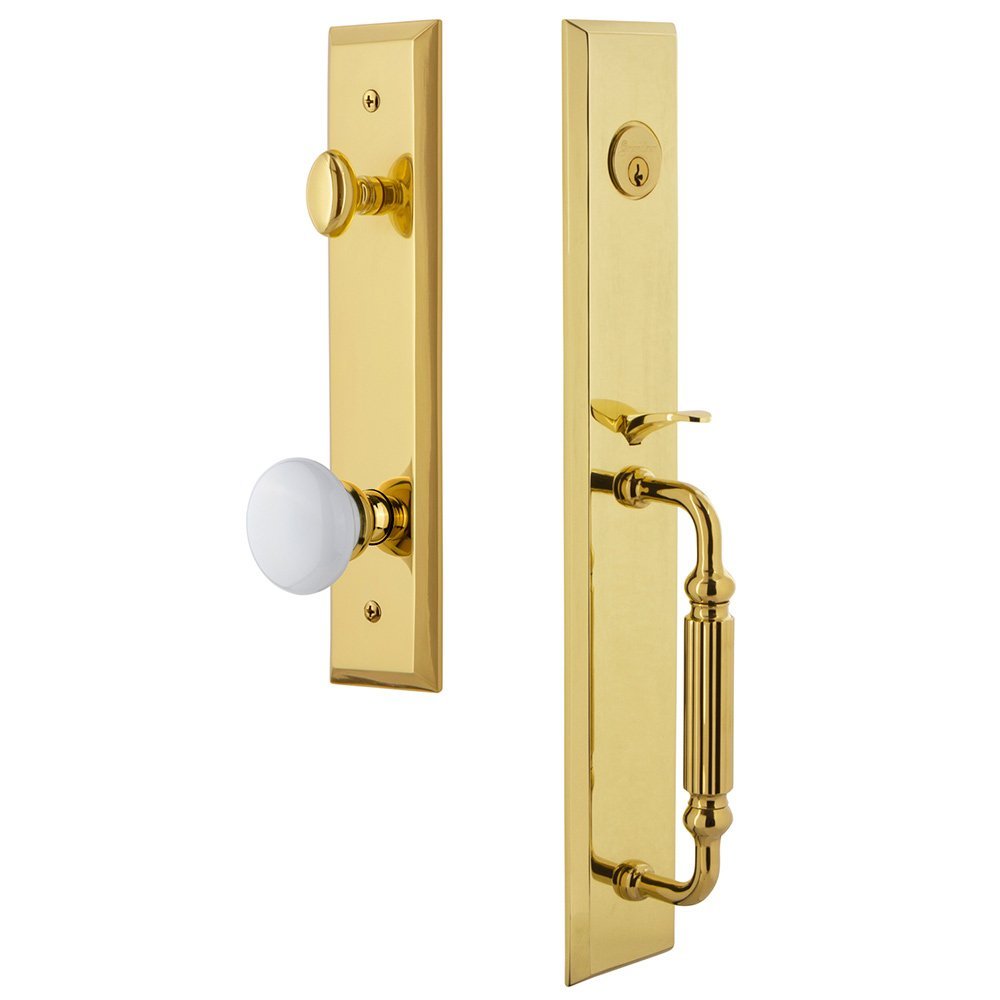 One-Piece Handleset with F Grip and Hyde Park Knob in Lifetime Brass