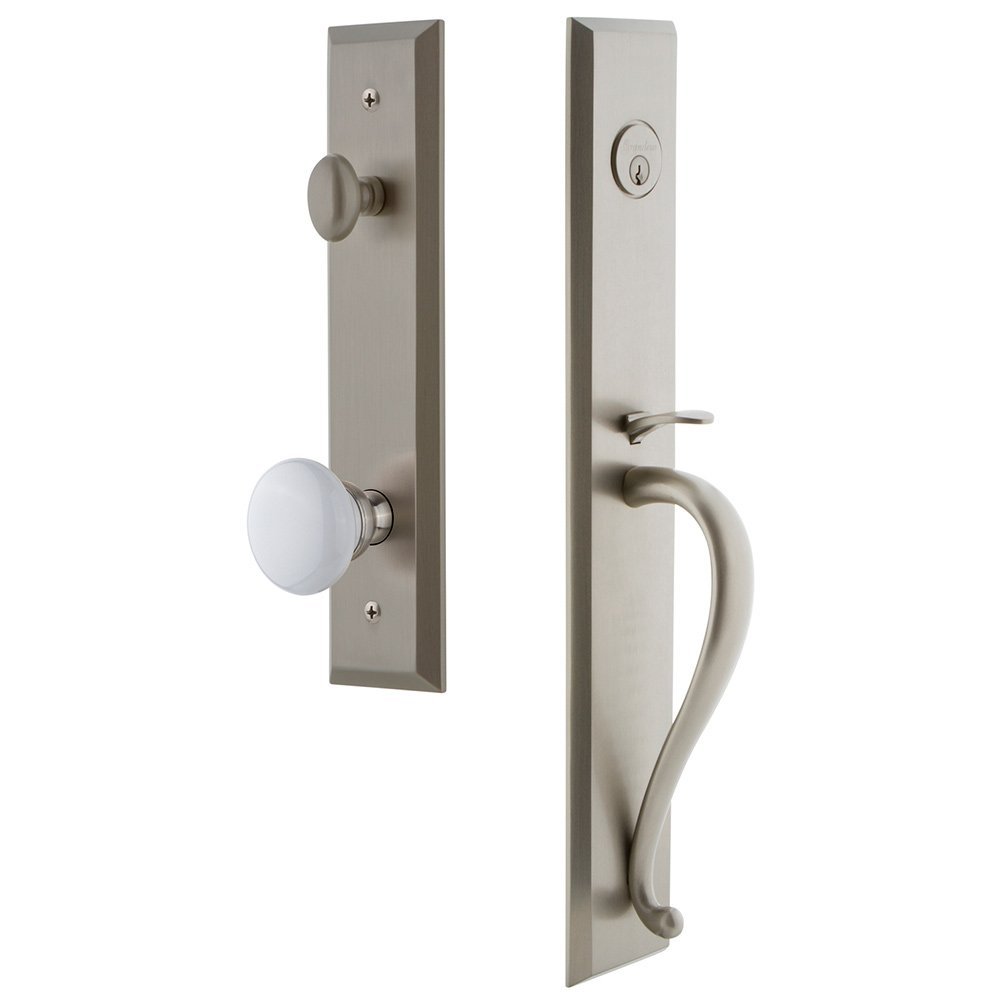 One-Piece Handleset with S Grip and Hyde Park Knob in Satin Nickel