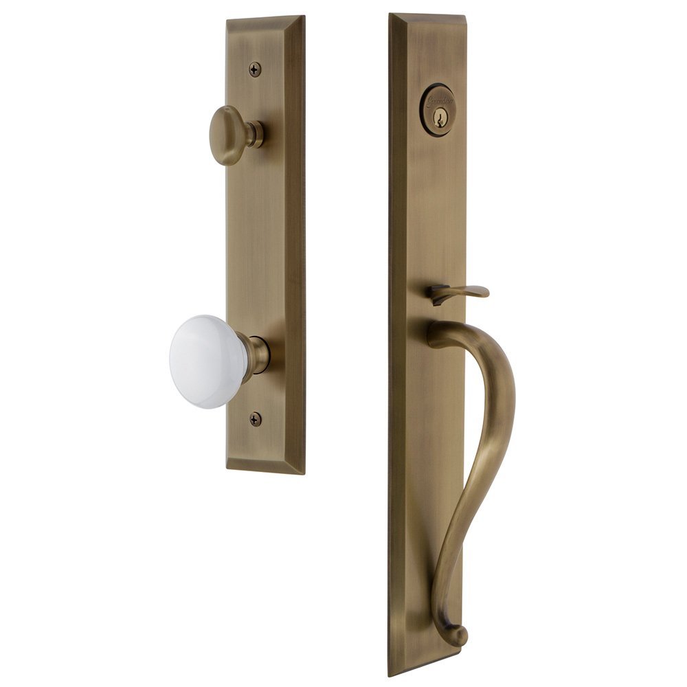 One-Piece Handleset with S Grip and Hyde Park Knob in Vintage Brass