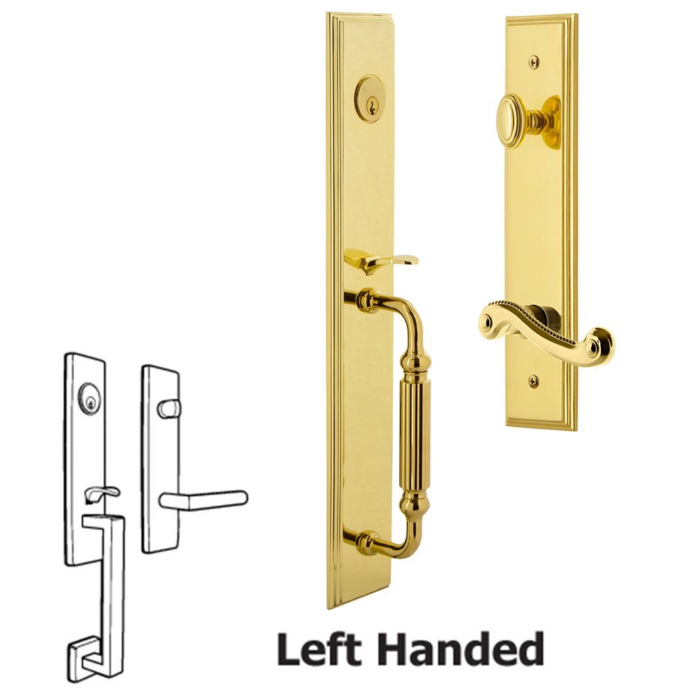One-Piece Handleset with F Grip and Newport Left Handed Lever in Lifetime Brass