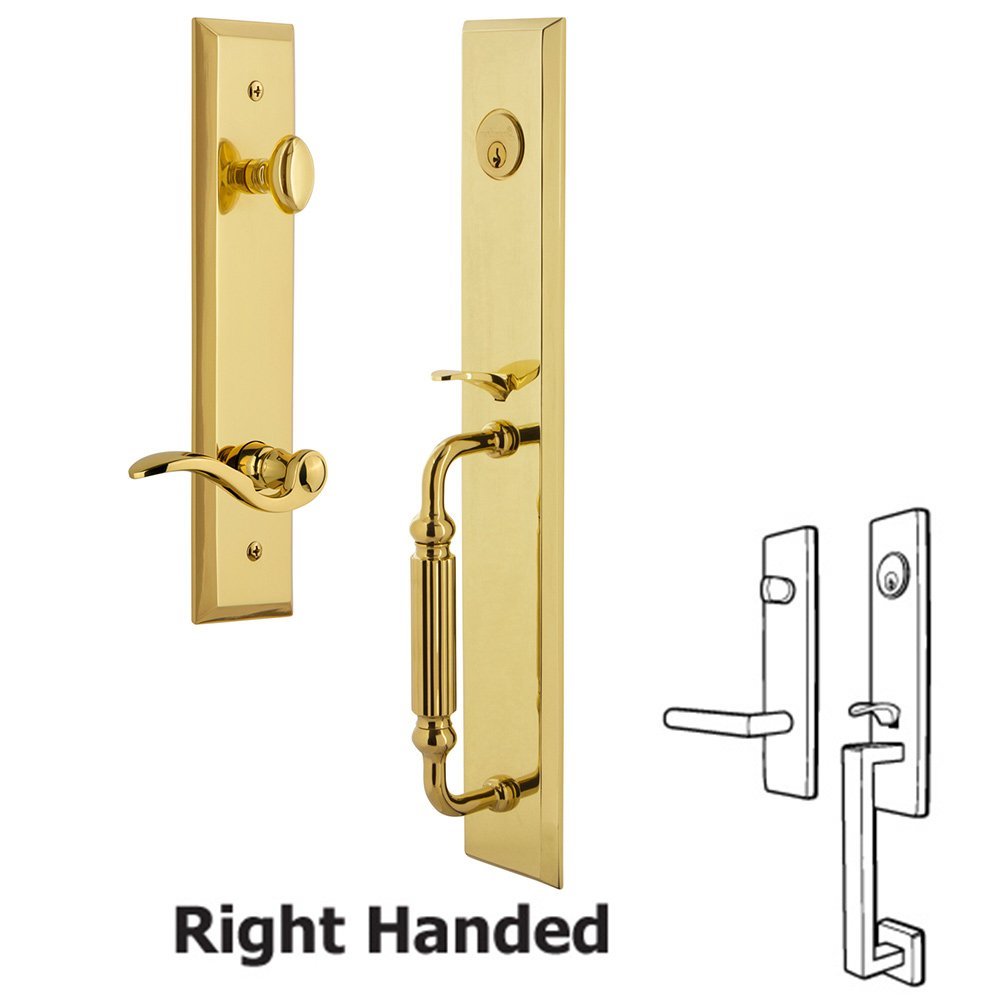 One-Piece Handleset with F Grip and Bellagio Right Handed Lever in Lifetime Brass