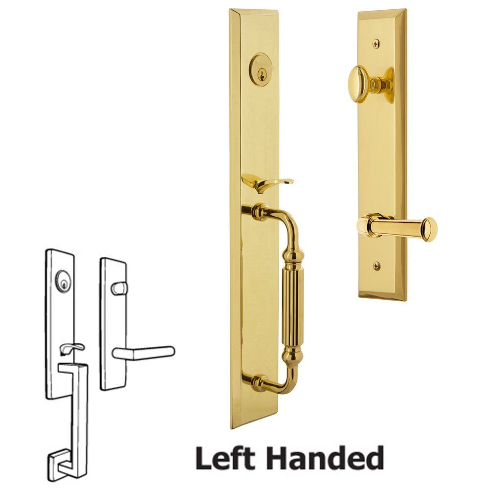 One-Piece Handleset with F Grip and Georgetown Left Handed Lever in Lifetime Brass