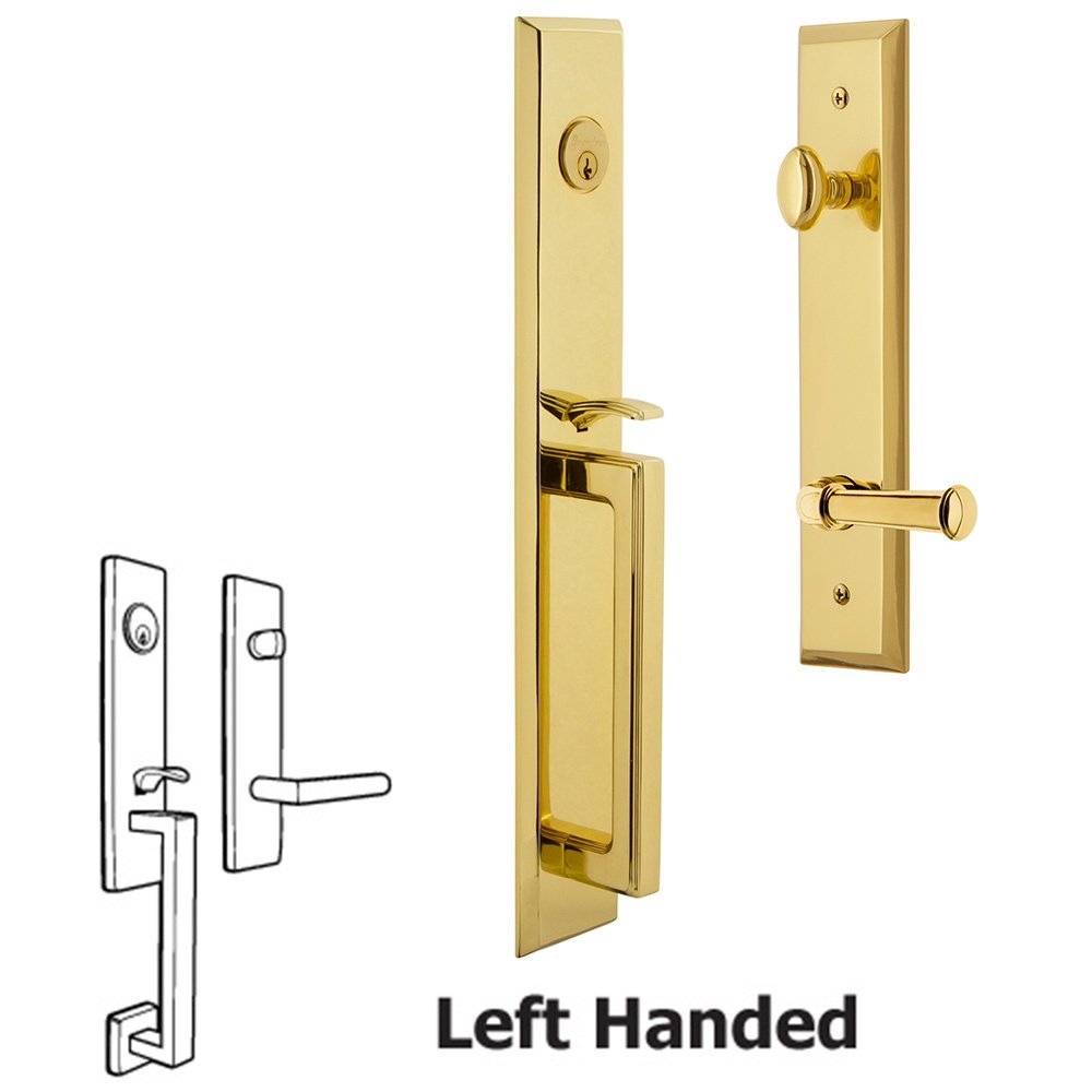 One-Piece Handleset with D Grip and Georgetown Left Handed Lever in Lifetime Brass