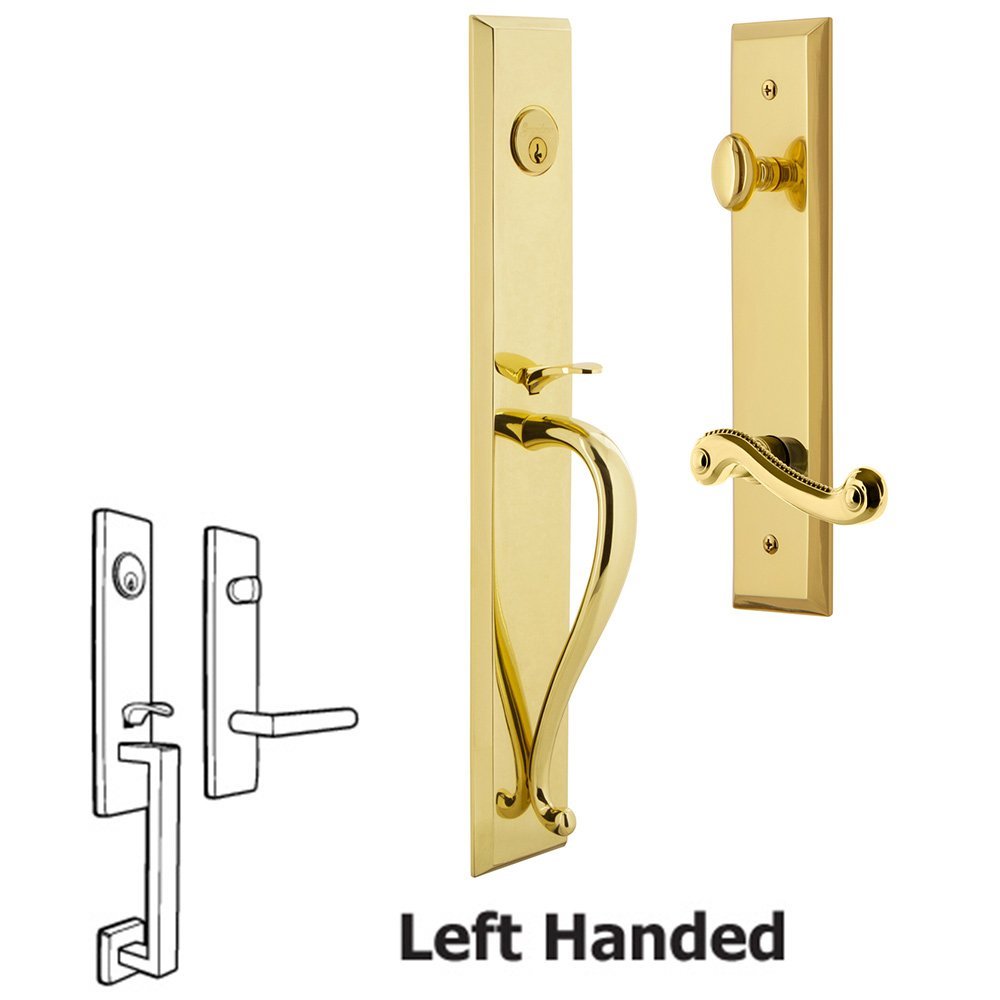 One-Piece Handleset with S Grip and Newport Left Handed Lever in Lifetime Brass