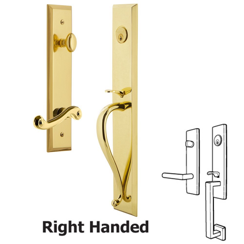 One-Piece Handleset with S Grip and Newport Right Handed Lever in Lifetime Brass