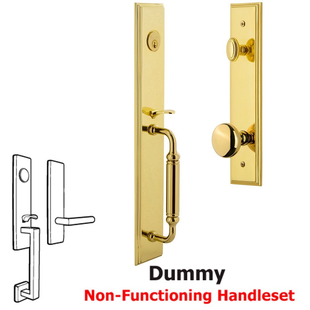 One-Piece Dummy Handleset with C Grip and Fifth Avenue Knob in Lifetime Brass
