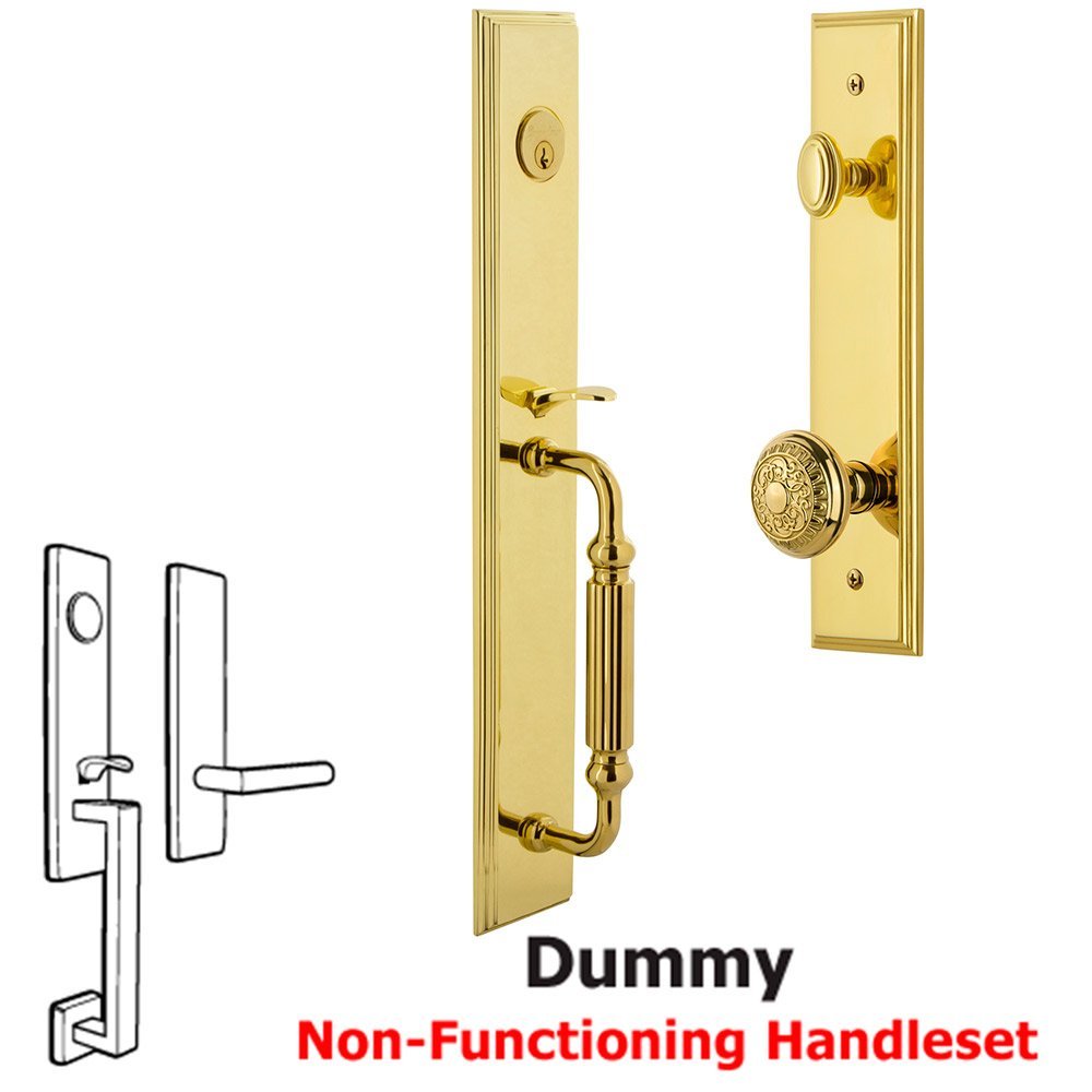 One-Piece Dummy Handleset with F Grip and Windsor Knob in Lifetime Brass