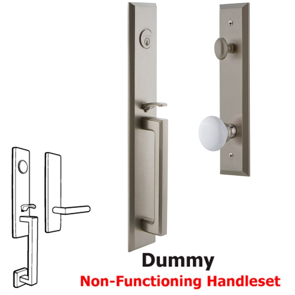 One-Piece Dummy Handleset with D Grip and Hyde Park Knob in Satin Nickel