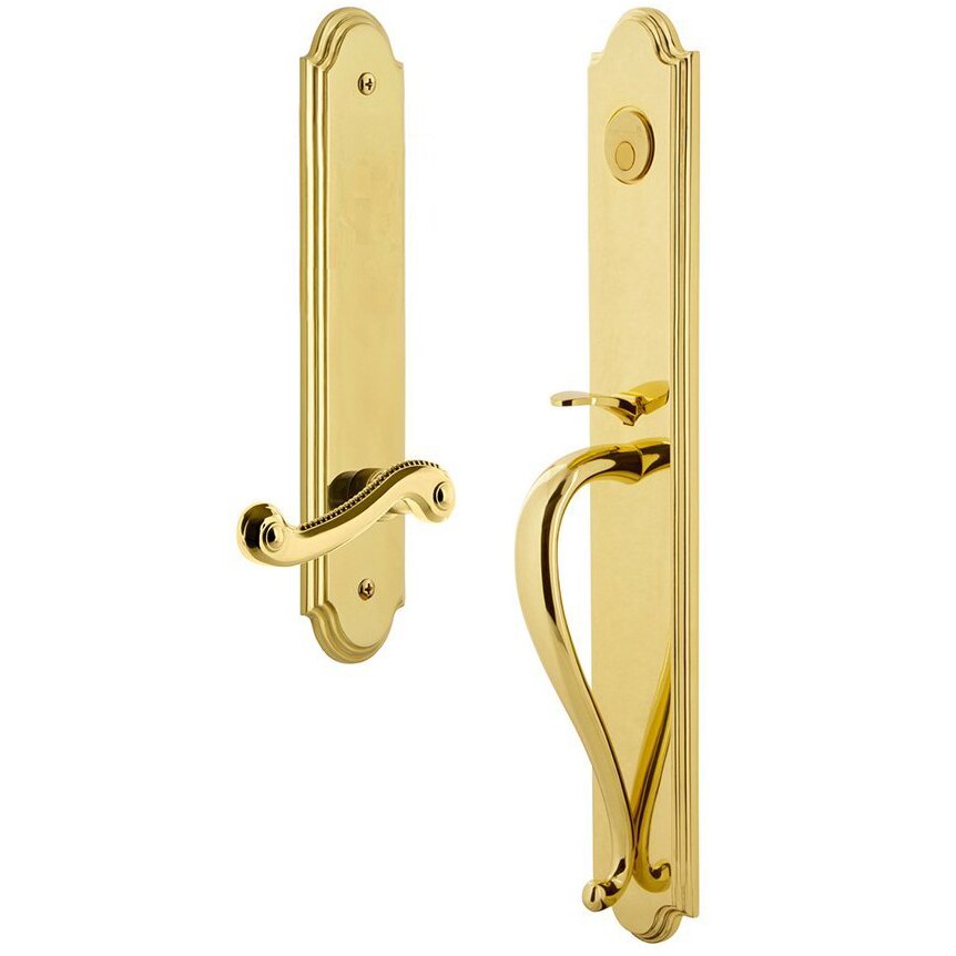 Arc One-Piece Dummy Handleset with S Grip and Newport Right Handed Lever in Lifetime Brass