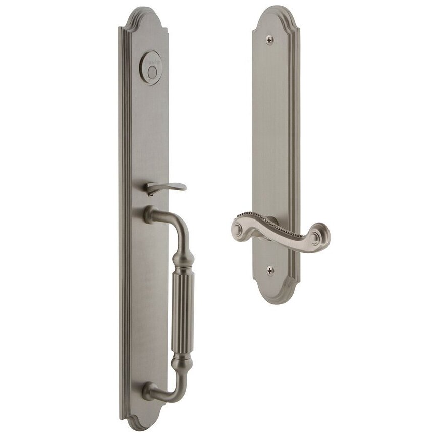 Arc One-Piece Dummy Handleset with F Grip and Newport Left Handed Lever in Satin Nickel