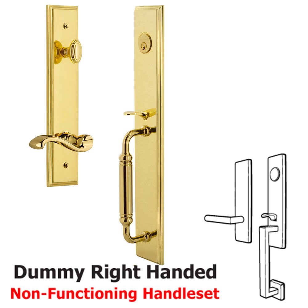 One-Piece Dummy Handleset with C Grip and Portofino Right Handed Lever in Lifetime Brass