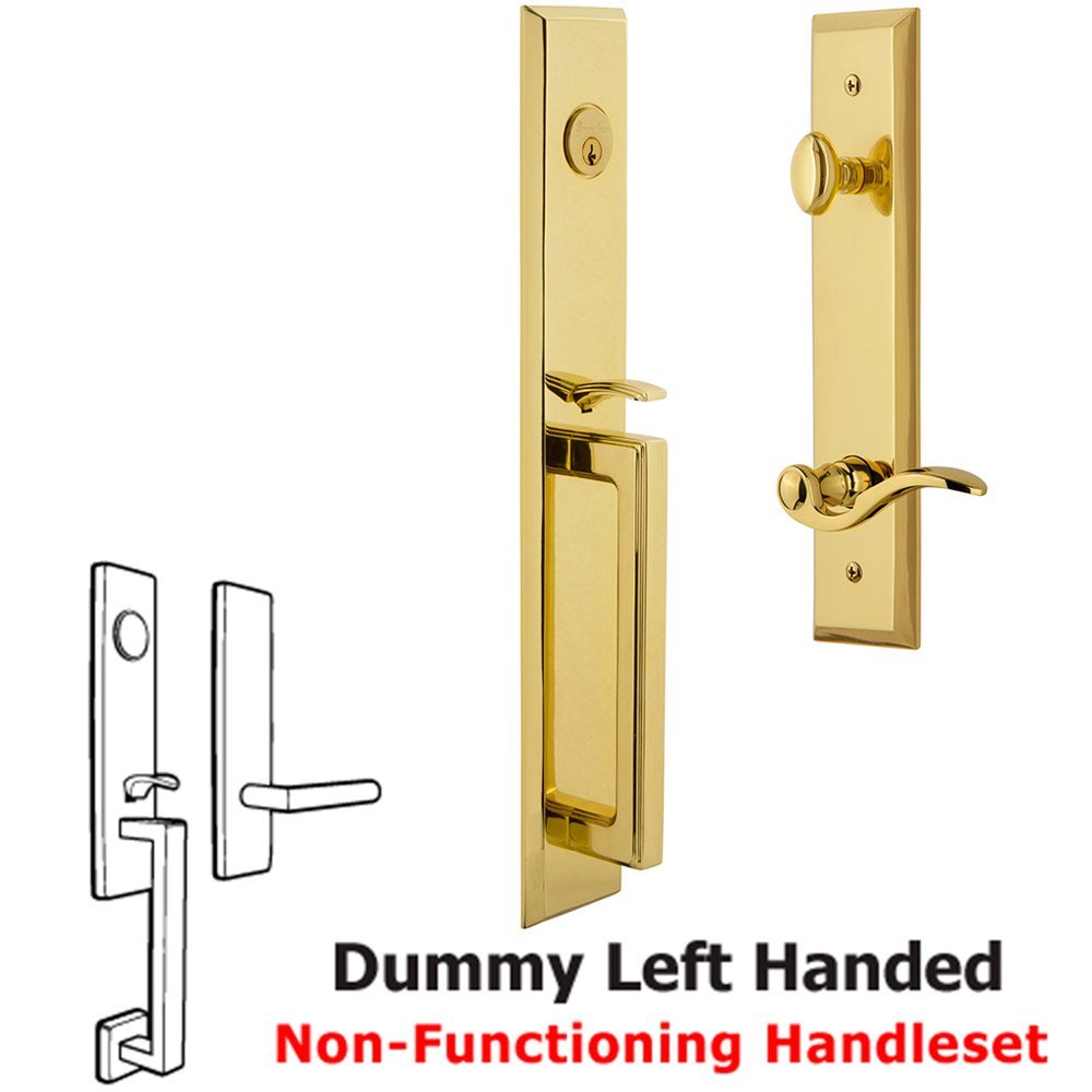 One-Piece Dummy Handleset with D Grip and Bellagio Left Handed Lever in Lifetime Brass