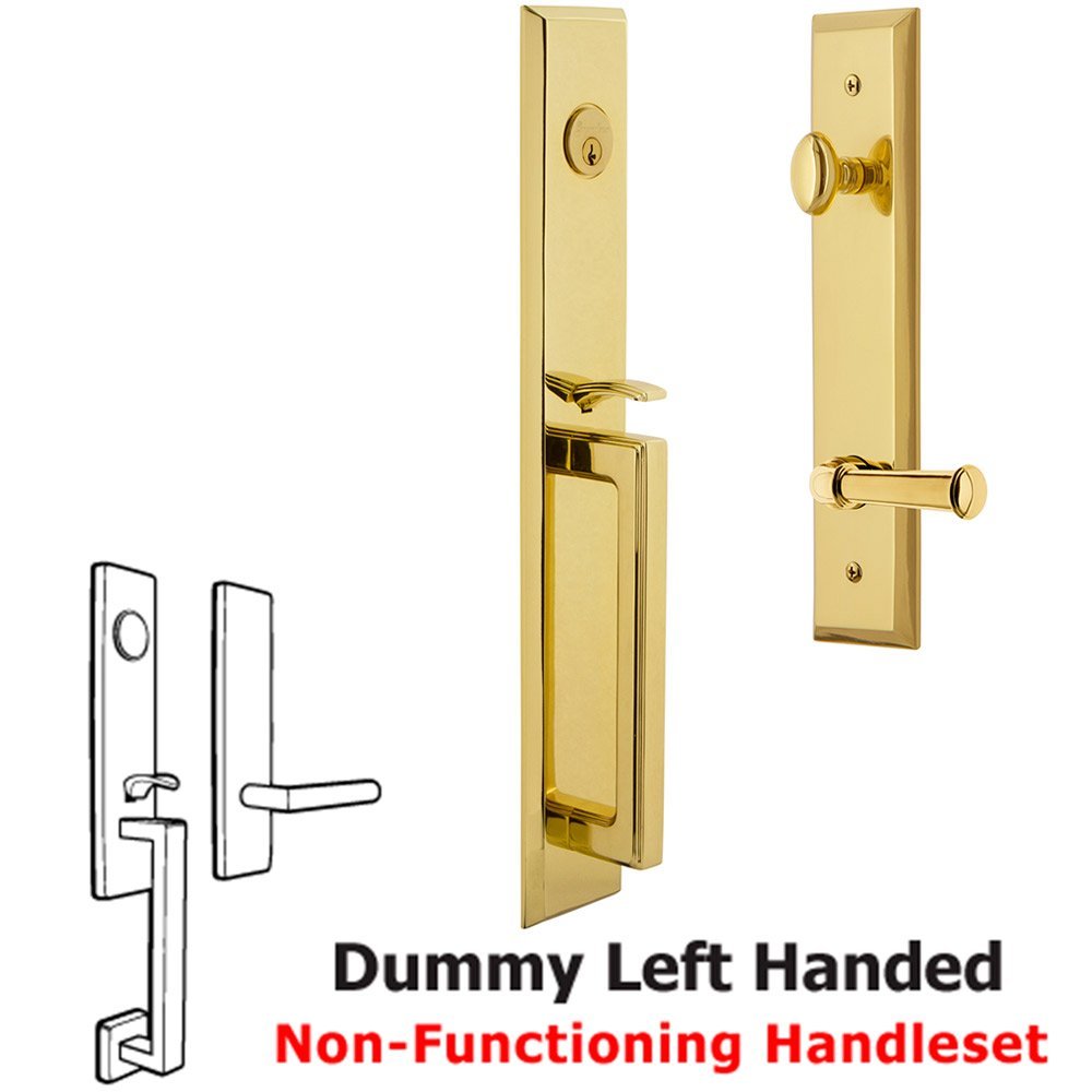 One-Piece Dummy Handleset with D Grip and Georgetown Left Handed Lever in Lifetime Brass