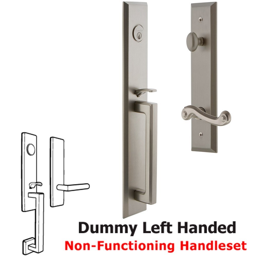 One-Piece Dummy Handleset with D Grip and Newport Left Handed Lever in Satin Nickel