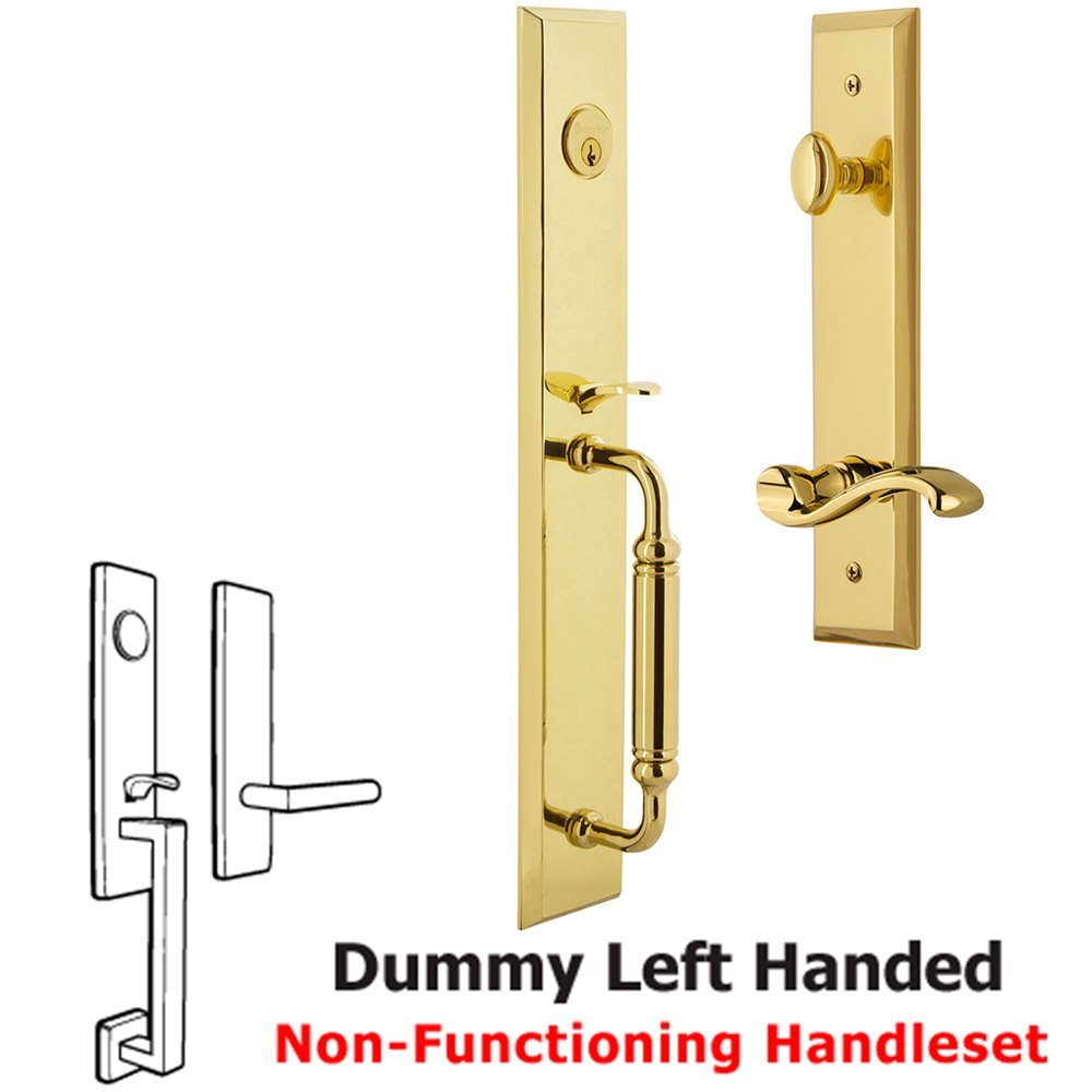 One-Piece Dummy Handleset with C Grip and Portofino Left Handed Lever in Lifetime Brass