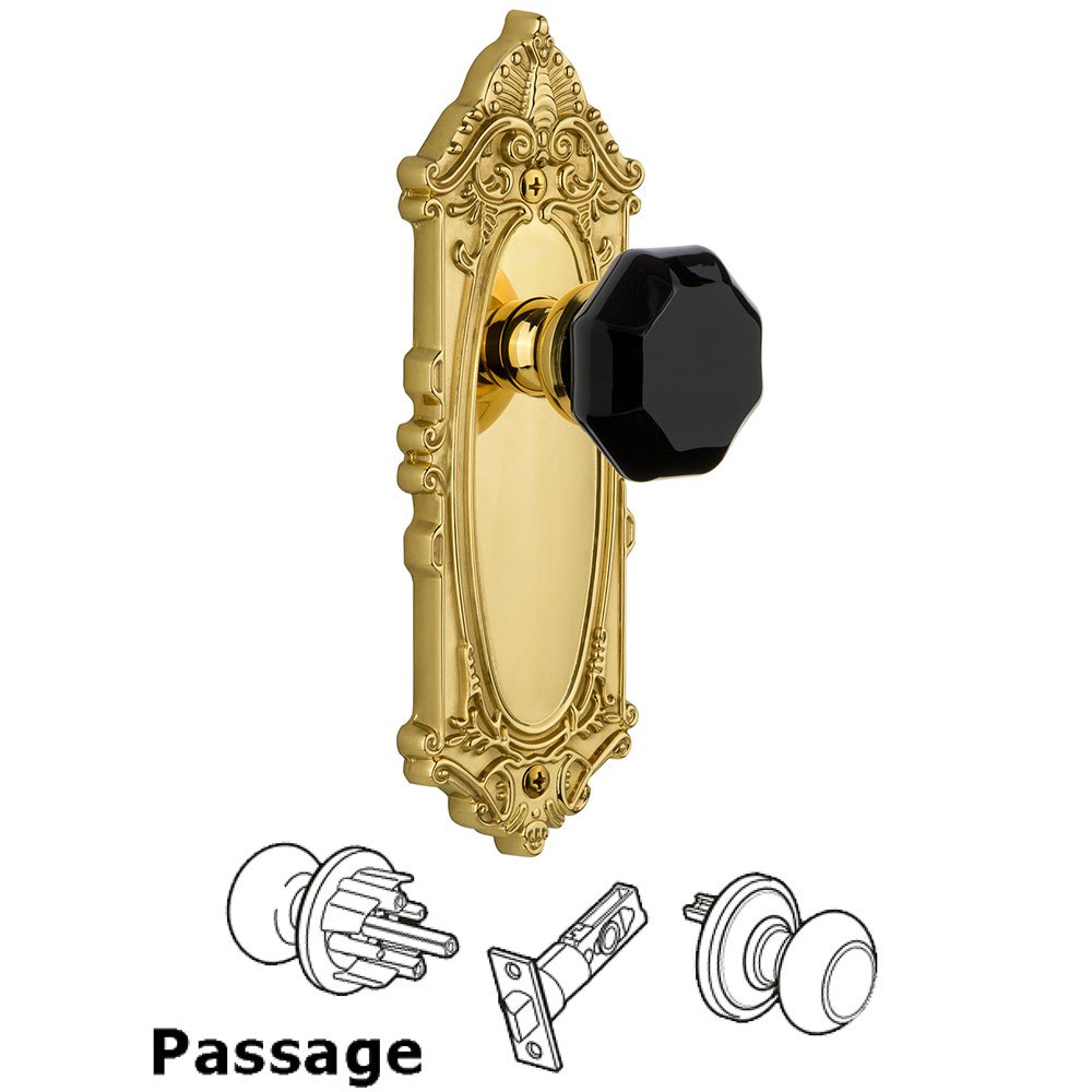 Passage - Grande Victorian Rosette with Black Lyon Crystal Knob in Polished Brass