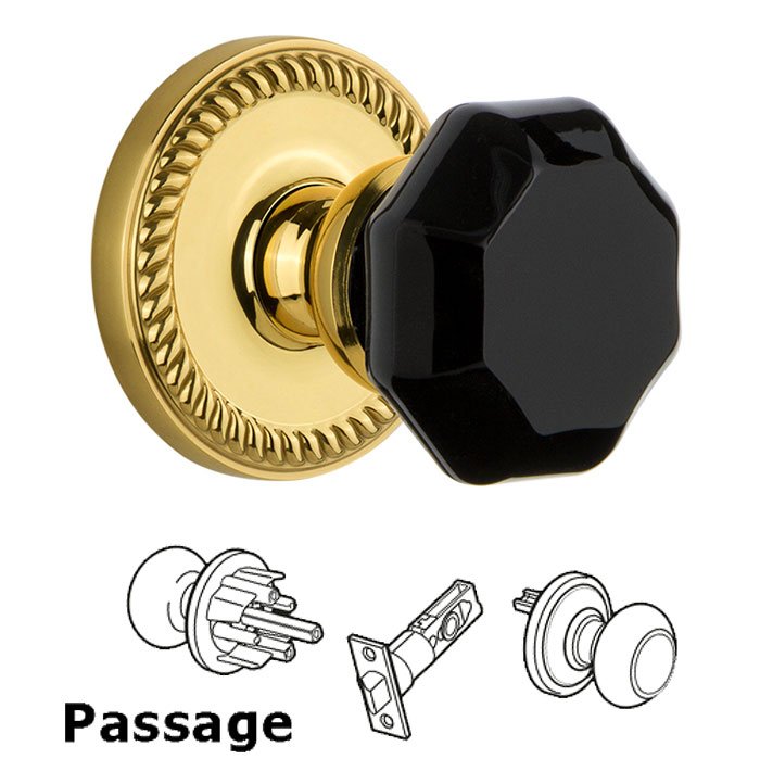 Passage - Newport Rosette with Black Lyon Crystal Knob in Polished Brass