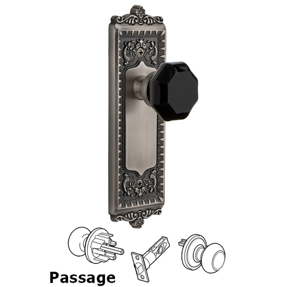 Passage - Windsor Rosette with Black Lyon Crystal Knob in Antique Pewter
