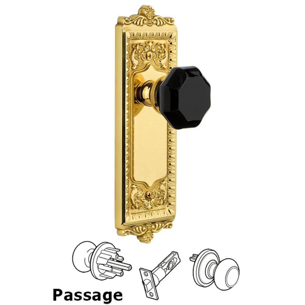 Passage - Windsor Rosette with Black Lyon Crystal Knob in Polished Brass