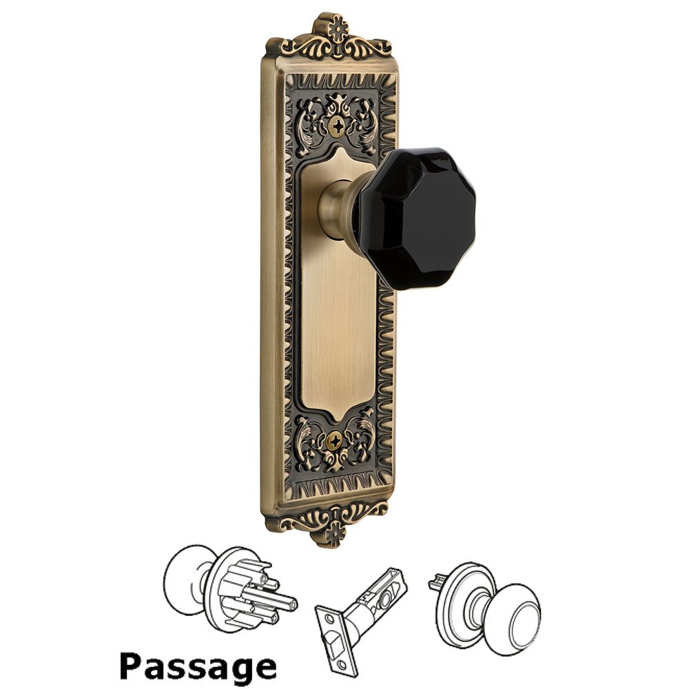 Passage - Windsor Rosette with Black Lyon Crystal Knob in Vintage Brass