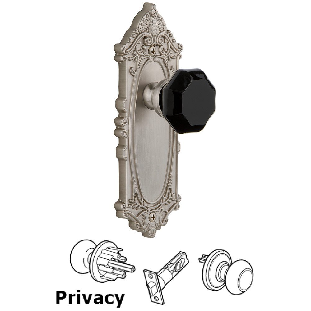 Privacy - Grande Victorian Rosette with Black Lyon Crystal Knob in Satin Nickel