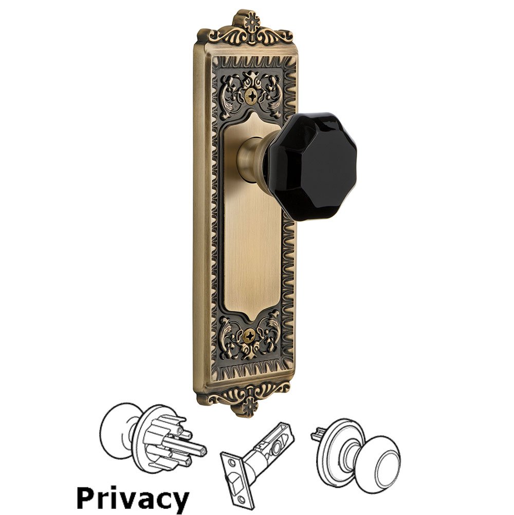 Privacy - Windsor Rosette with Black Lyon Crystal Knob in Vintage Brass