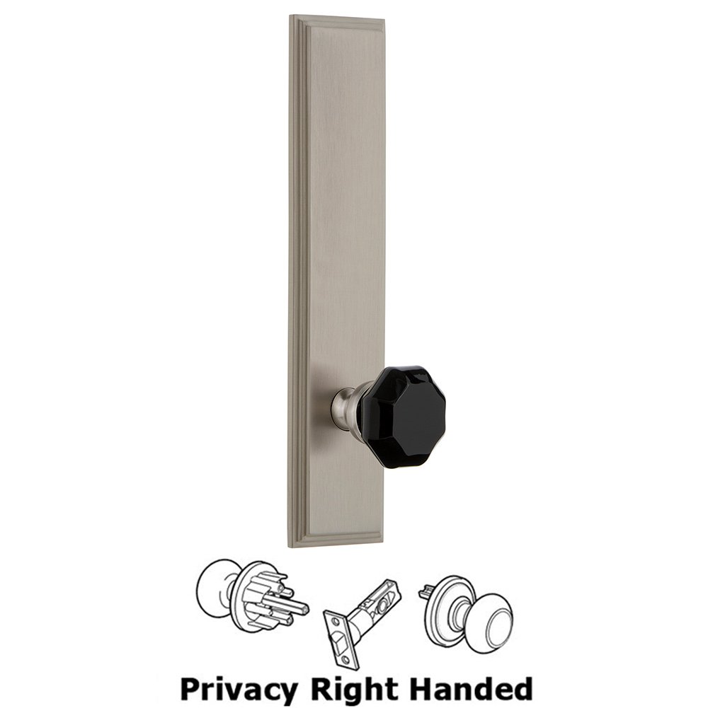 Privacy Carre Tall Plate with Black Lyon Crystal Knob in Satin Nickel