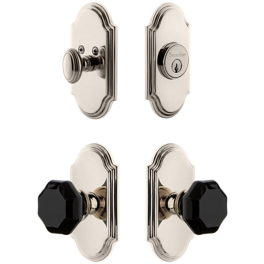 Arc Plate with Lyon Knob and matching Deadbolt in Polished Nickel